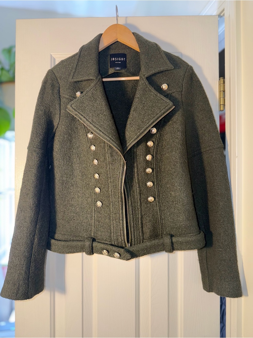 Insight New York Olive Wool Blend Military Jacket Gold Buttons Zip Trim Size 6